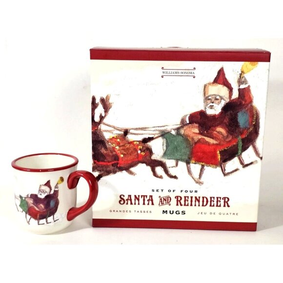 Williams Sonoma Santa Reindeer Christmas Mugs Set of 4 Holiday Coffee Cups- New - Picture 1 of 10
